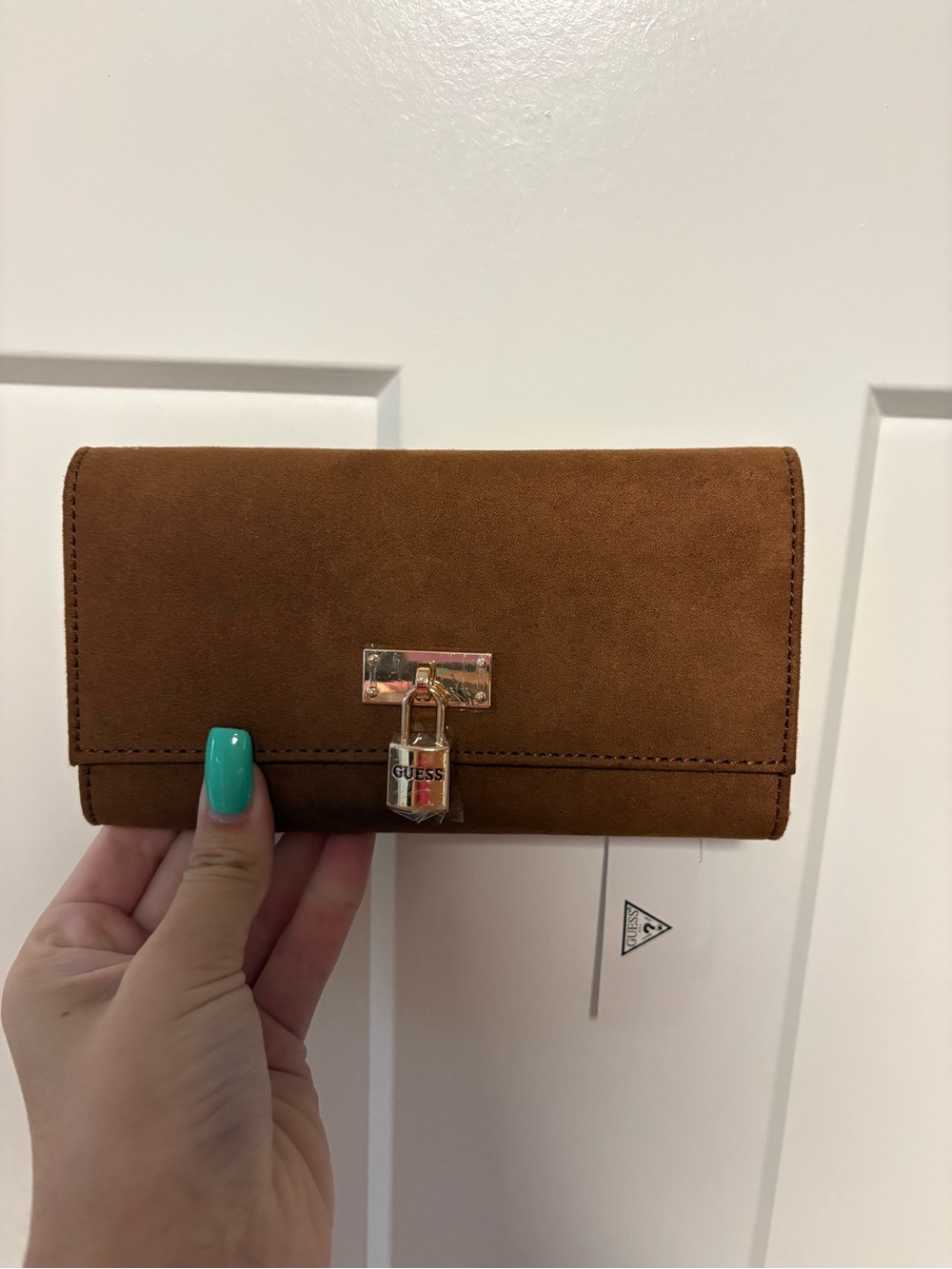 NWT GUESS Tan Suede Fold Wallet with Gold Padlock